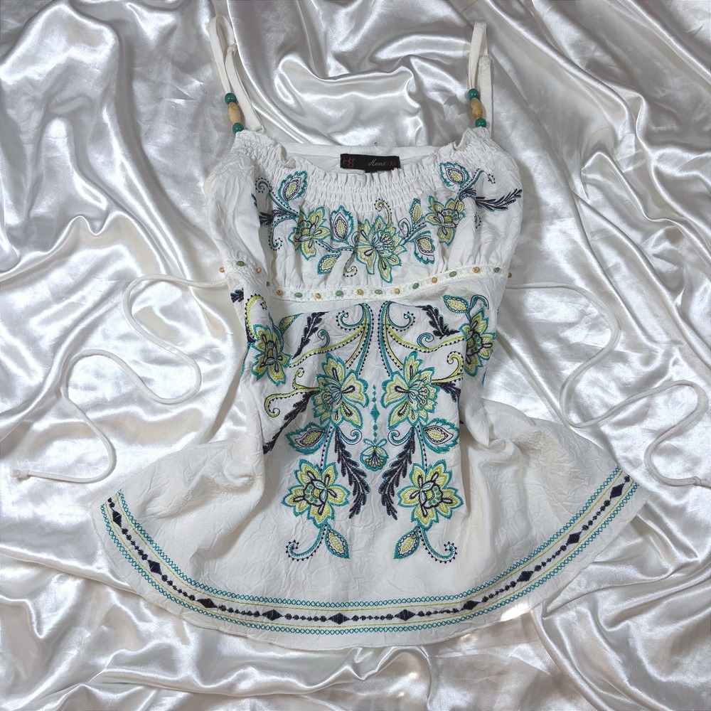 y2k Cami Top White Good HeartSoul Embroidered Beaded Boho XL